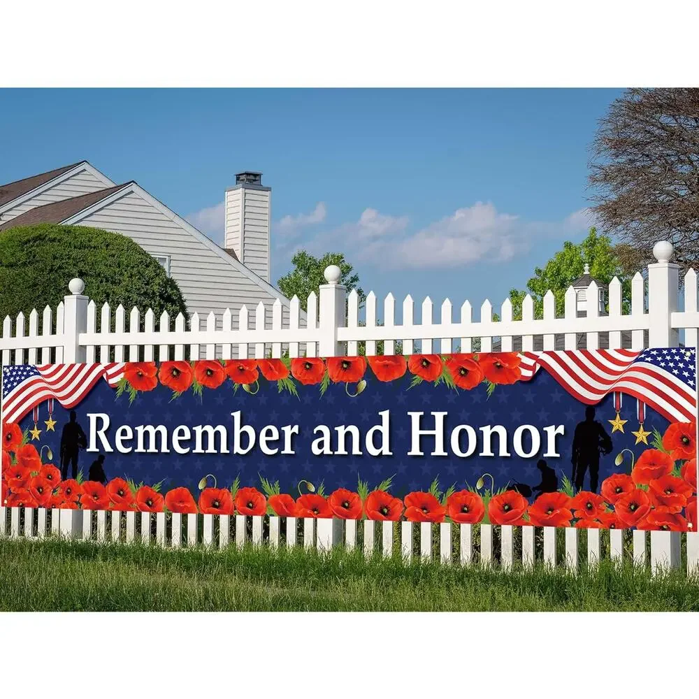 Memorial Day Fence Banner Remember Honor 4th July Patriotic Yard Decor